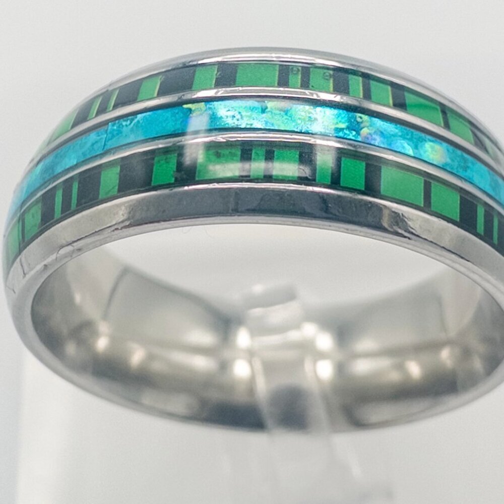 Stainless Steel Ring with Green and Blue Inlay - Picture 1 of 17